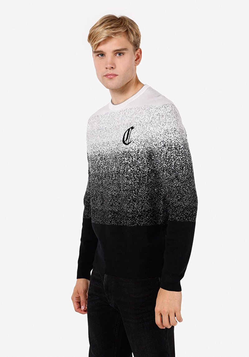 Regular Fit Yuvarlak Yaka Desen Baskılı Erkek Siyah Kazak