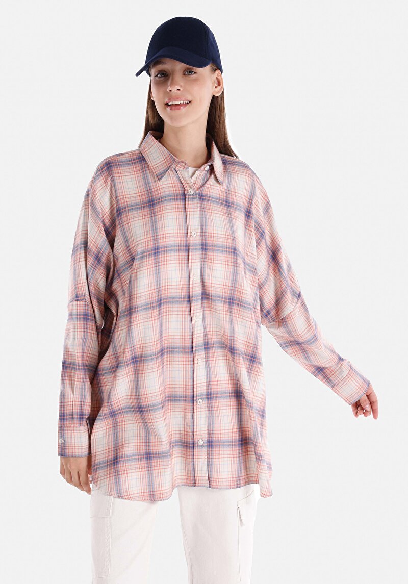 Relaxed Fit Shirt Neck Ekoseli Kadın Çok Renkli Uzun Kol Gömlek