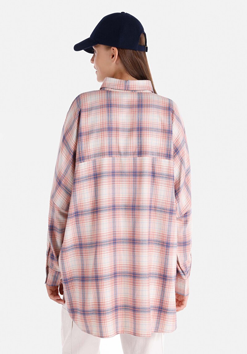 Relaxed Fit Shirt Neck Ekoseli Kadın Çok Renkli Uzun Kol Gömlek