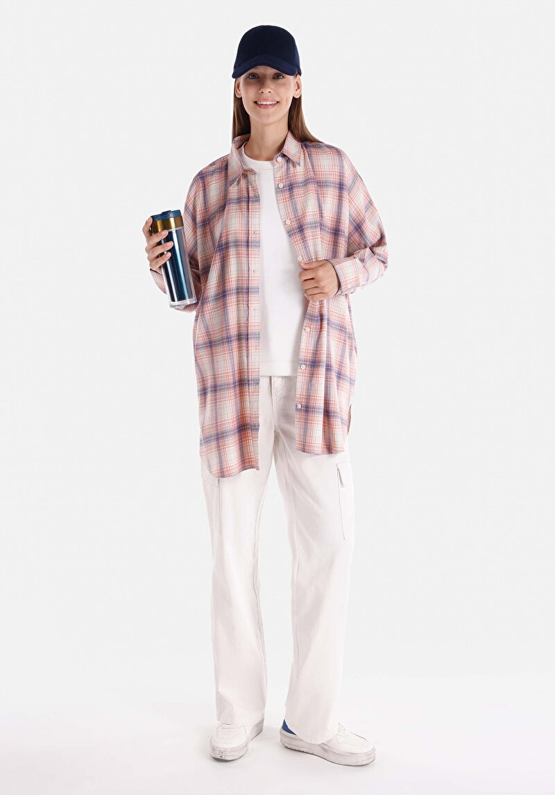 Relaxed Fit Shirt Neck Ekoseli Kadın Çok Renkli Uzun Kol Gömlek