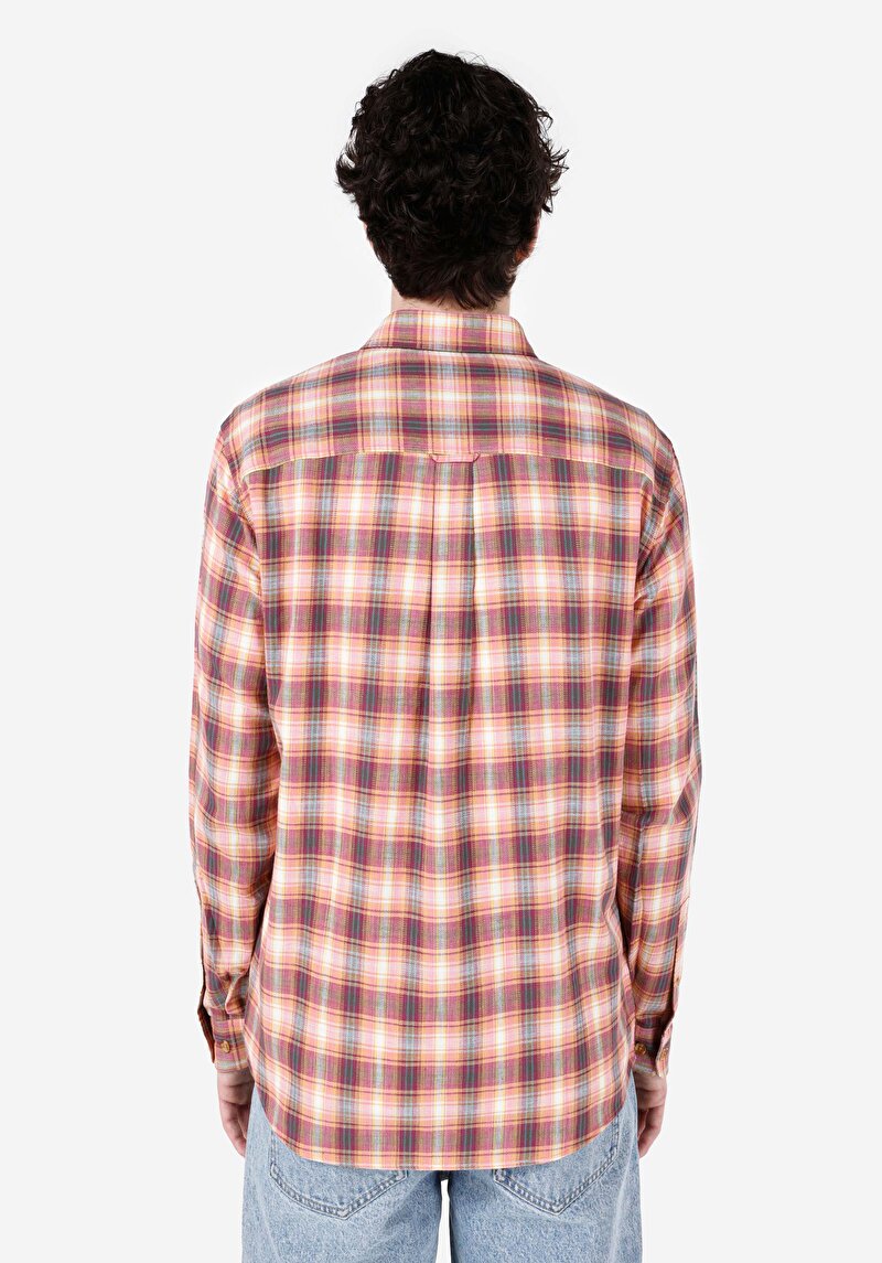 Regular Fit Cepli Shirt Neck Ekoseli Erkek Pembe Uzun Kol Gömlek