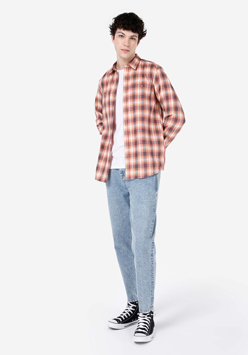 Regular Fit Cepli Shirt Neck Ekoseli Erkek Pembe Uzun Kol Gömlek