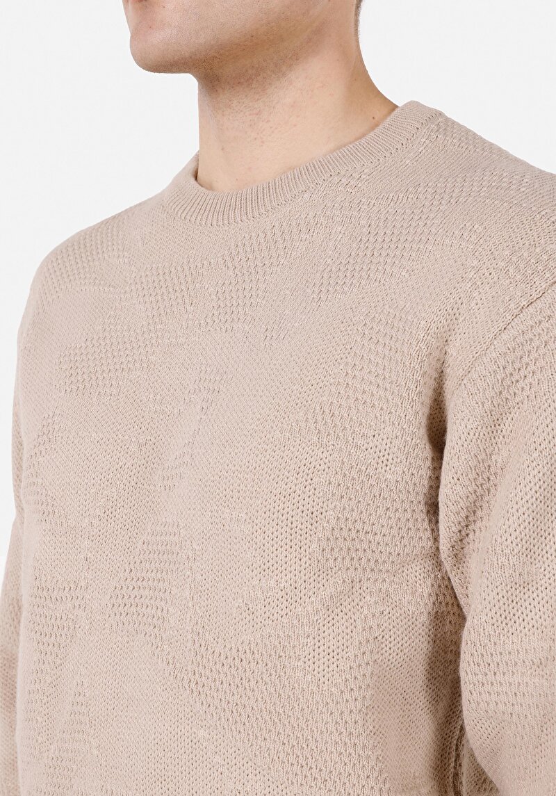Comfort Fit Yuvarlak Yaka Erkek Bej Kazak
