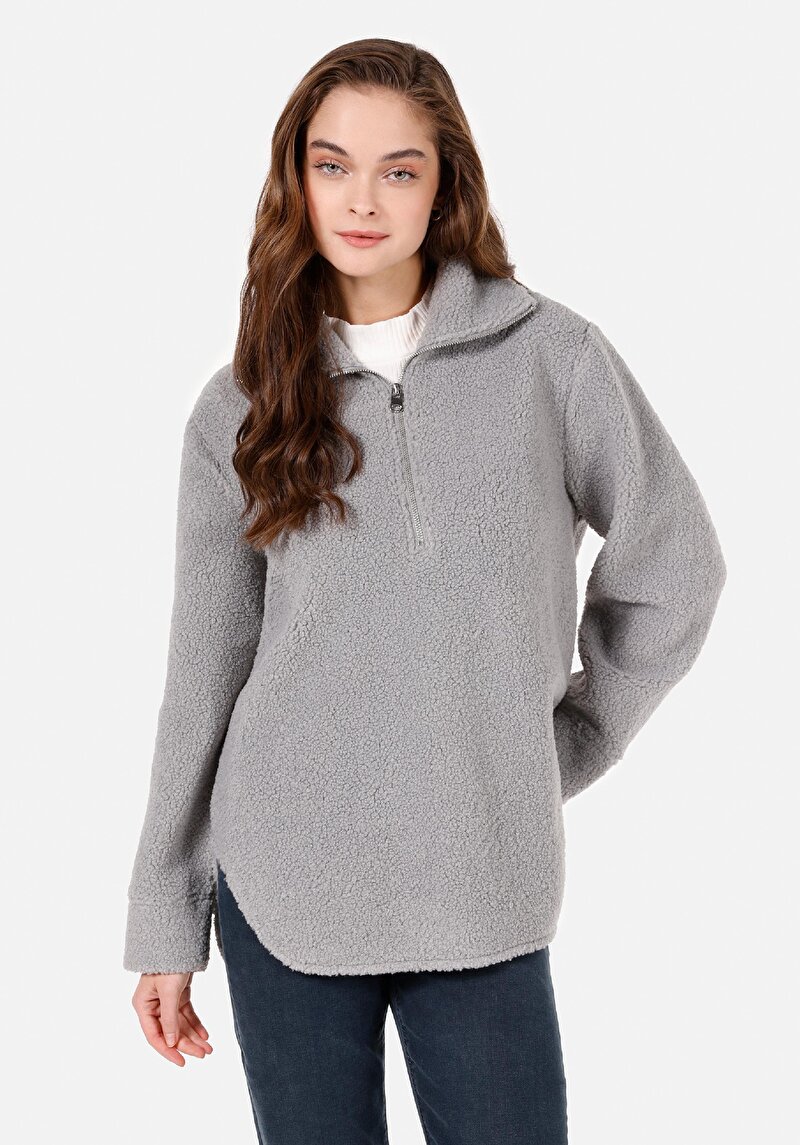 Regular Fit Fermuarlı  Kadın Gri Sweatshirt