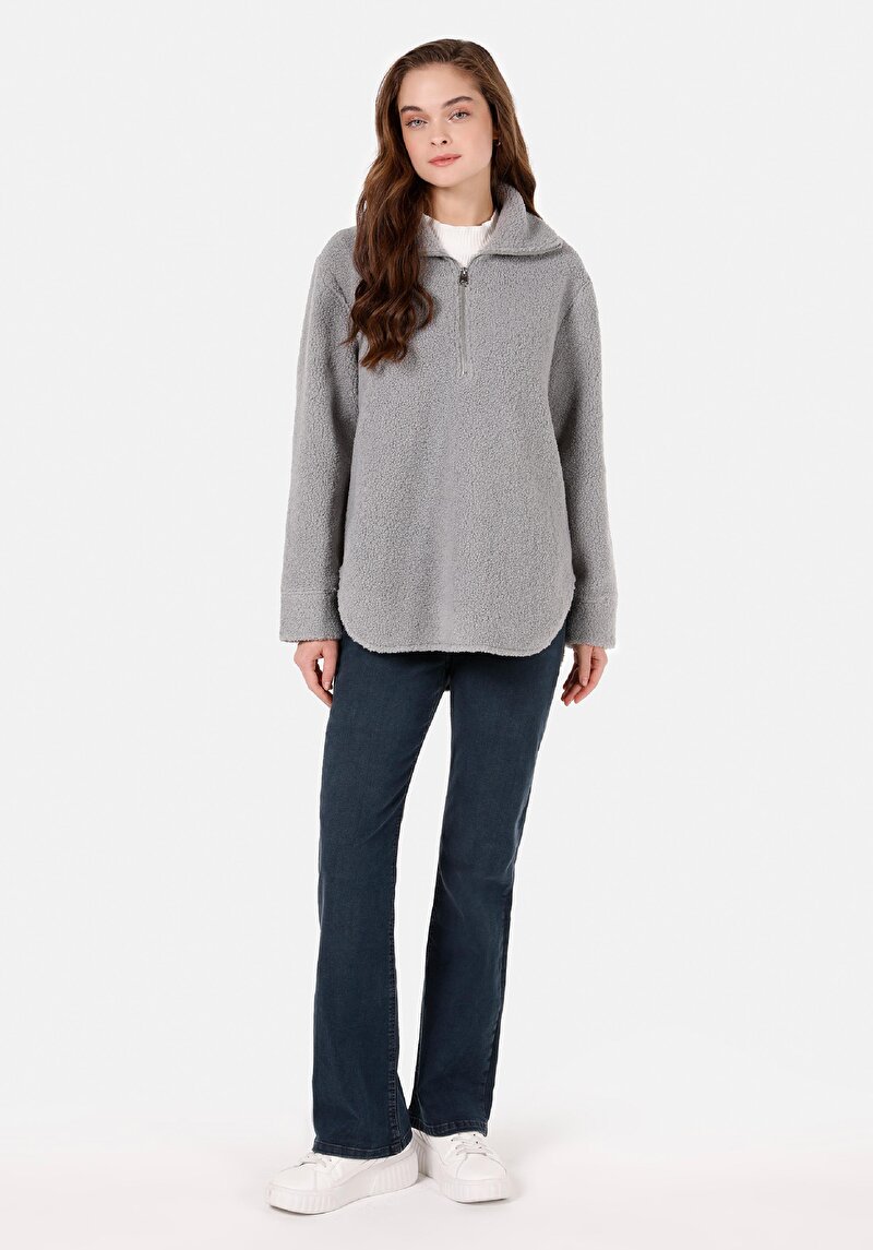 Regular Fit Örme Fermuarlı Kadın Gri Sweatshirt