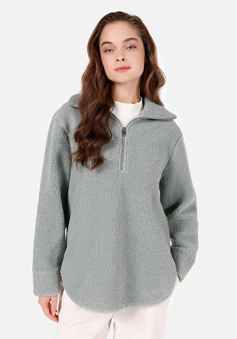 Regular Fit Fermuarlı  Kadın Yeşil Sweatshirt