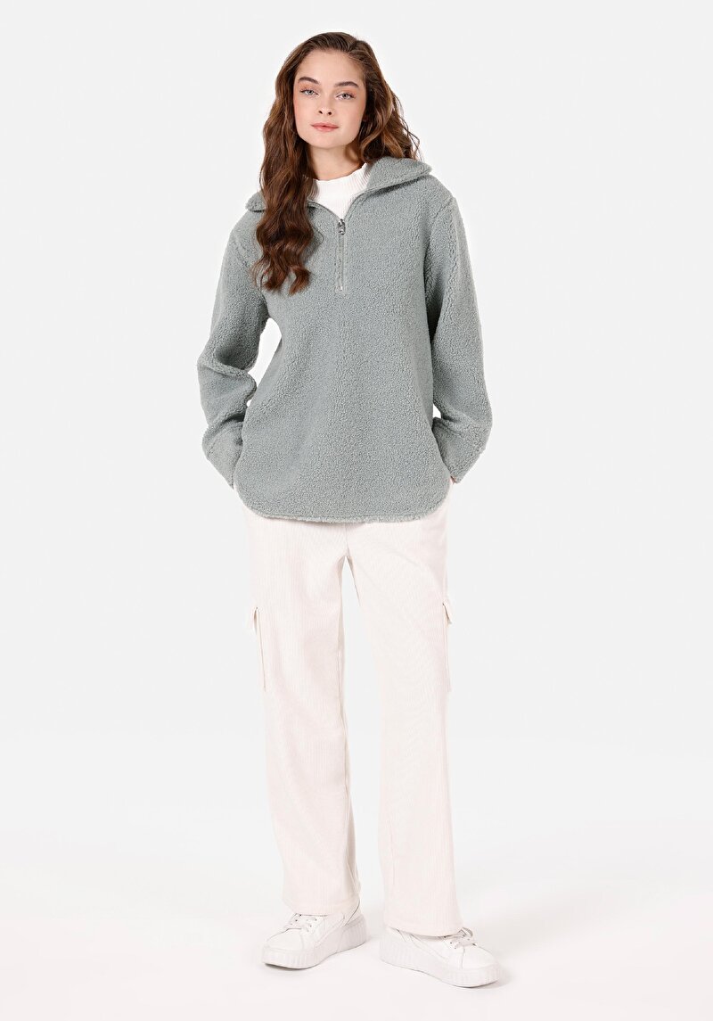 Regular Fit Fermuarlı Kadın Yeşil Sweatshirt