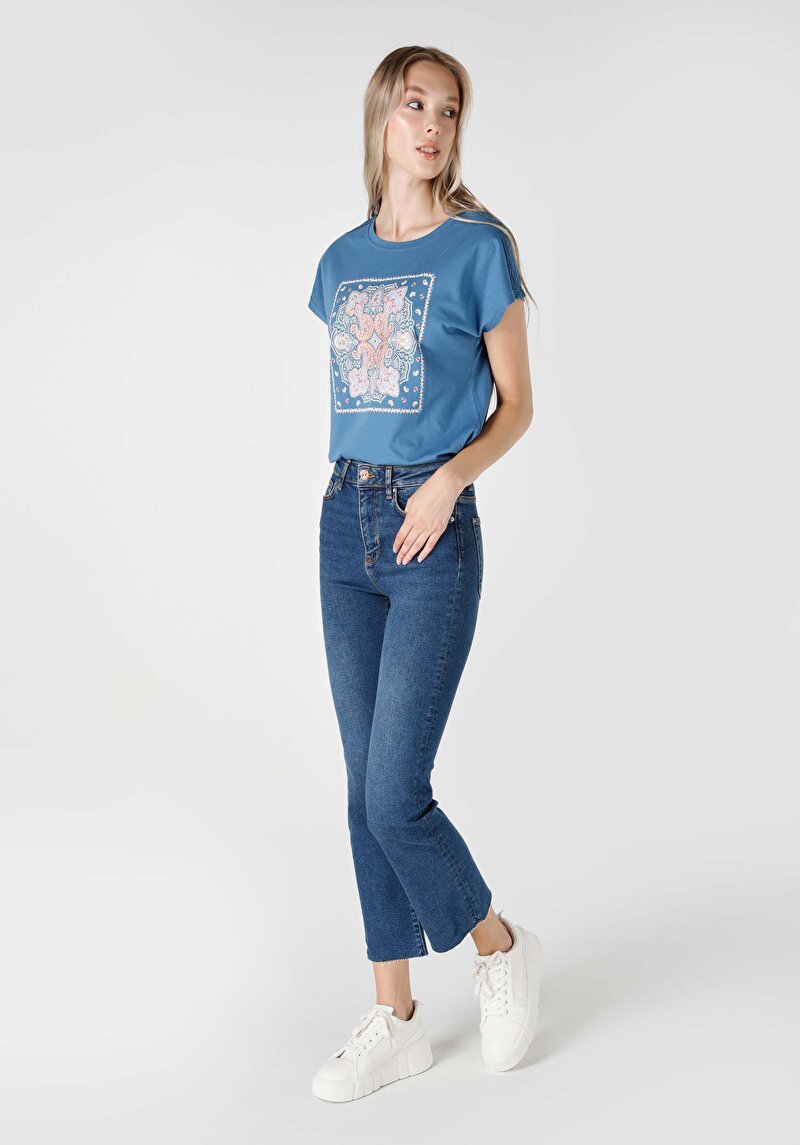 Regular Fit Yüksek Bel Kısa Ispanyol Paça Kadın Denim Jean Pantolon