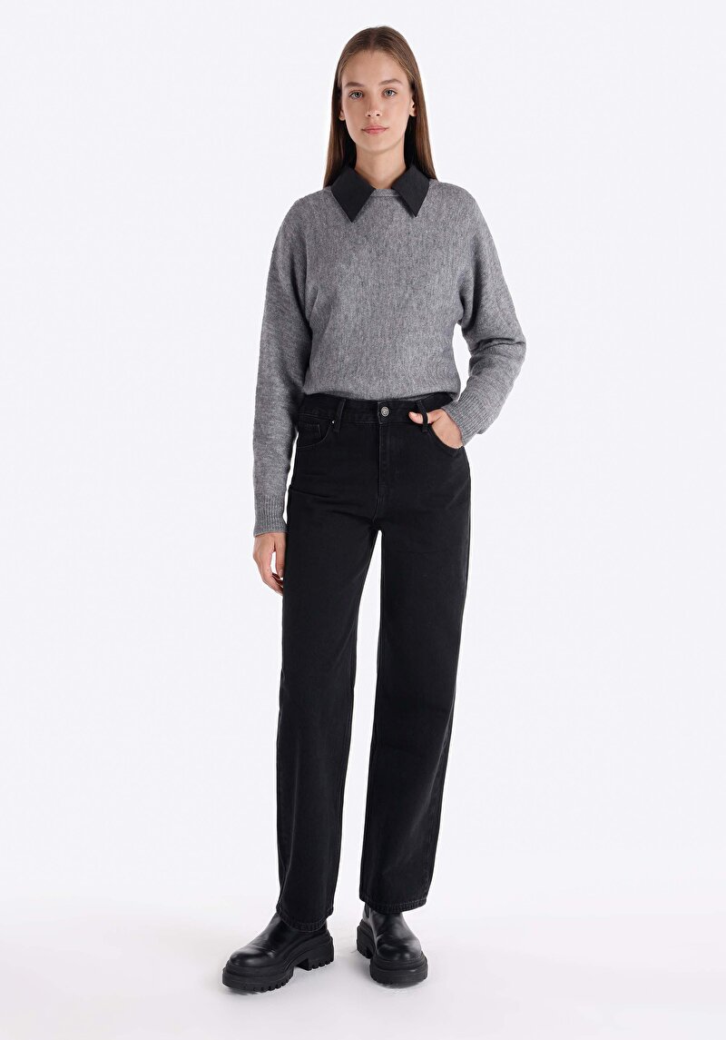 Regular Fit Orta Bel Geniş Paça Kadın Denim Jean Pantolon