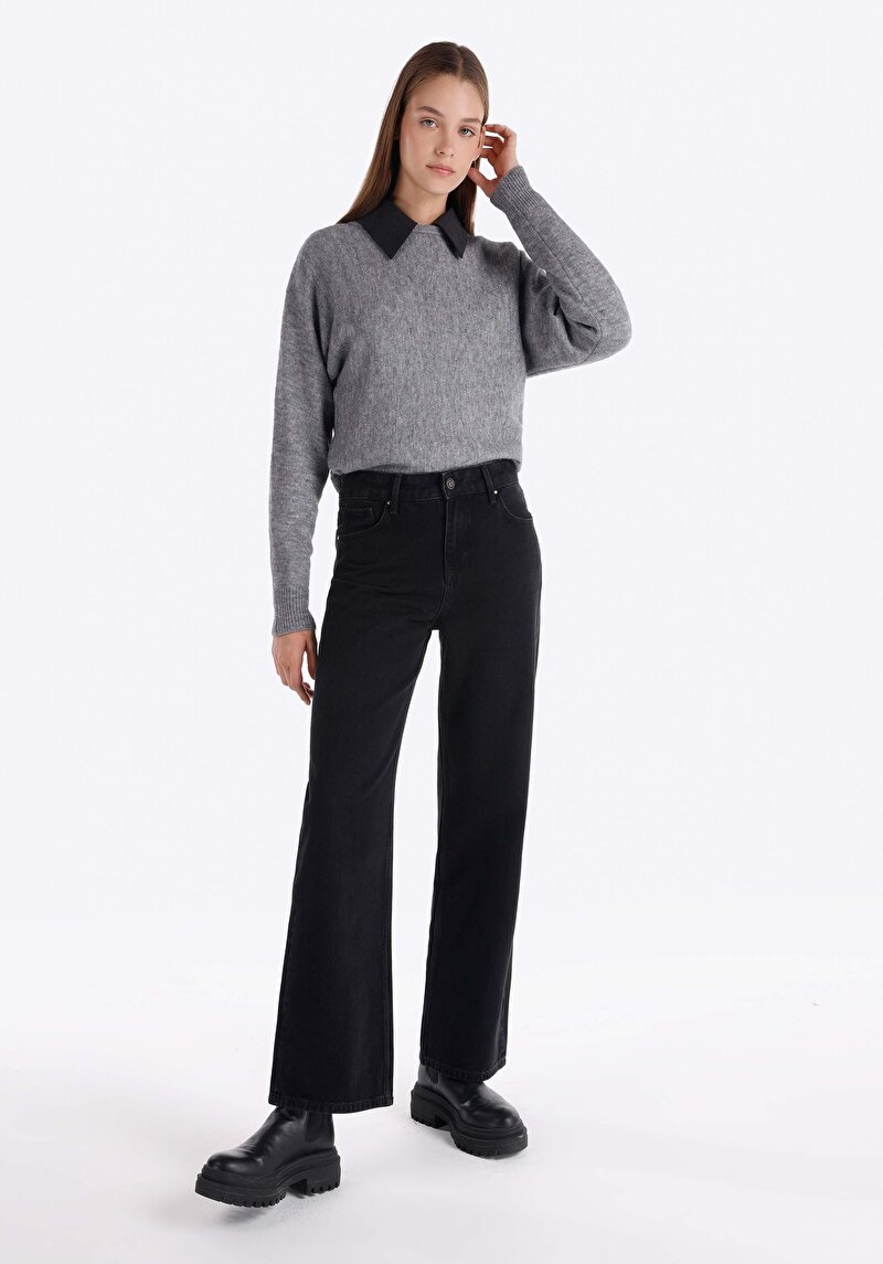 Regular Fit Orta Bel Geniş Paça Kadın Denim Jean Pantolon