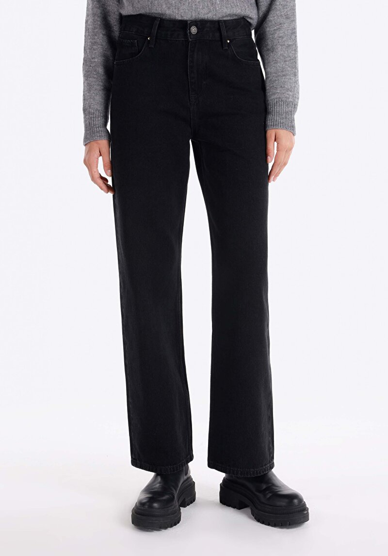 Regular Fit Orta Bel Geniş Paça Kadın Denim Jean Pantolon