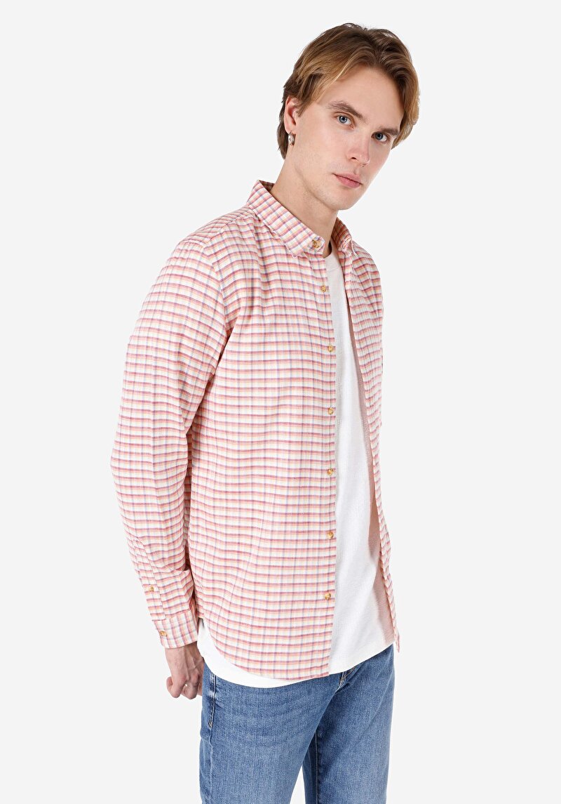 Slim Fit Shirt Neck Kareli Erkek Turuncu Uzun Kol Gömlek