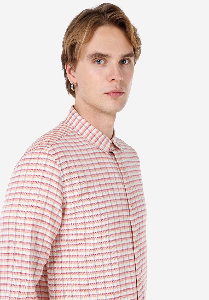 Slim Fit Shirt Neck Kareli Erkek Turuncu Uzun Kol Gömlek