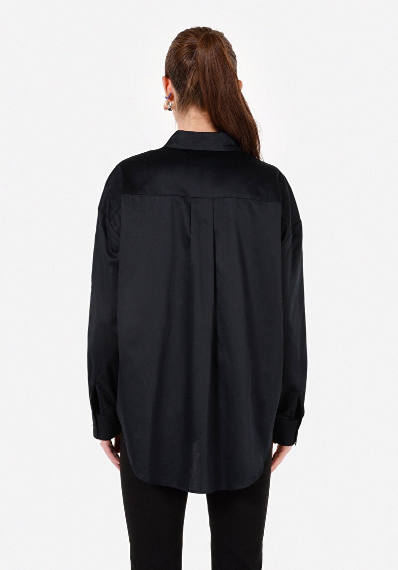 Relax Fit Pamuklu Shirt Neck Kadın Siyah Uzun Kol Gömlek