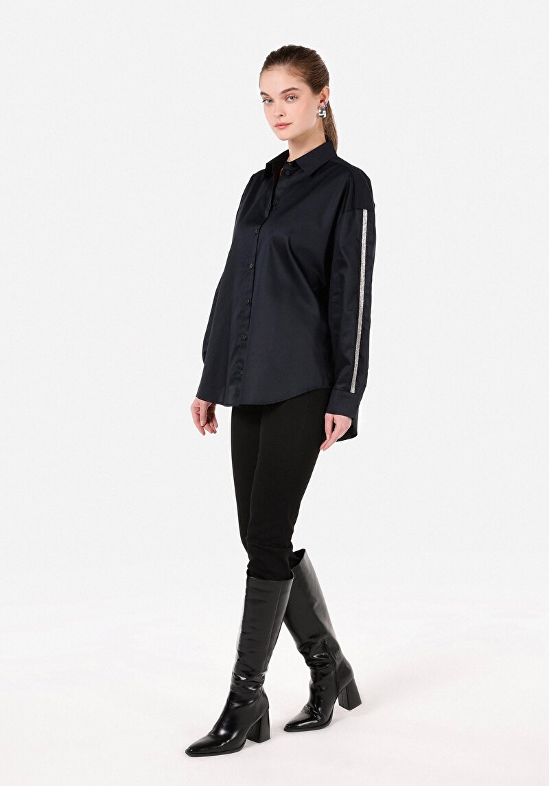Relax Fit Pamuklu Shirt Neck Kadın Siyah Uzun Kol Gömlek
