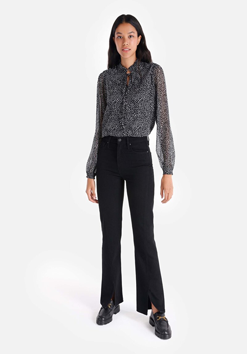 Regular Fit Yüksek Bel Yırtmaçlı Paça Kadın İndigo Jean Pantolon