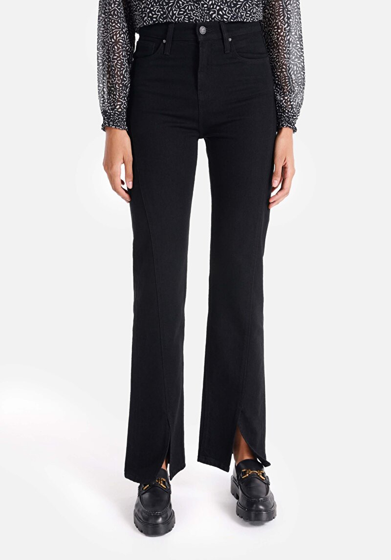 Regular Fit Yüksek Bel Yırtmaçlı Paça Kadın İndigo Jean Pantolon