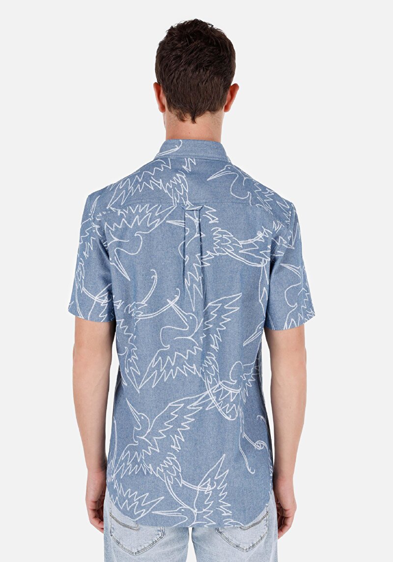Regular Fit Shirt Neck Baskılı Erkek Mavi Kısa Kol Gömlek