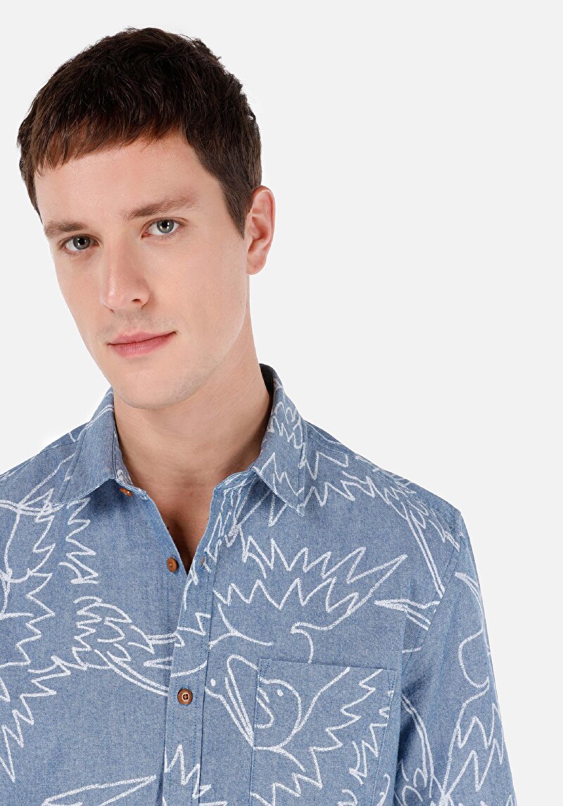 Regular Fit Shirt Neck Baskılı Erkek Mavi Kısa Kol Gömlek