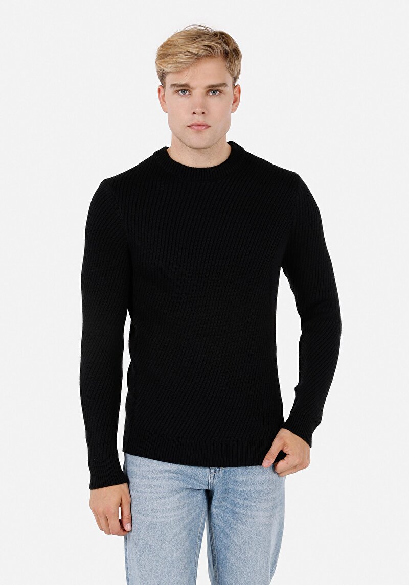 Regular Fit Yuvarlak Yaka Erkek Siyah Kazak