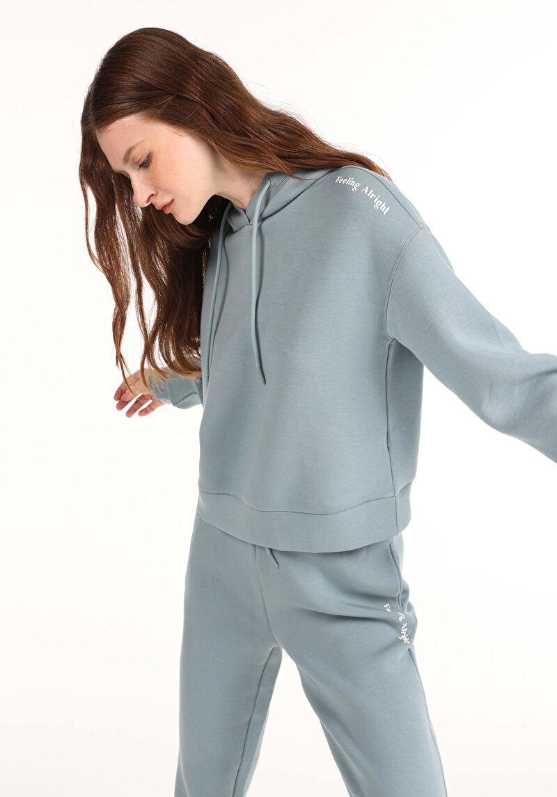 Regular Fit Kapüşonlu Baskılı Kadın Yeşil Sweatshirt