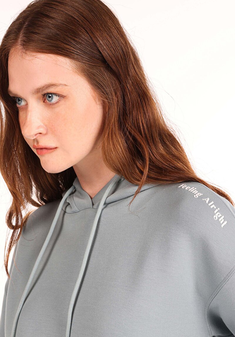 Regular Fit Kapüşonlu Baskılı Kadın Yeşil Sweatshirt