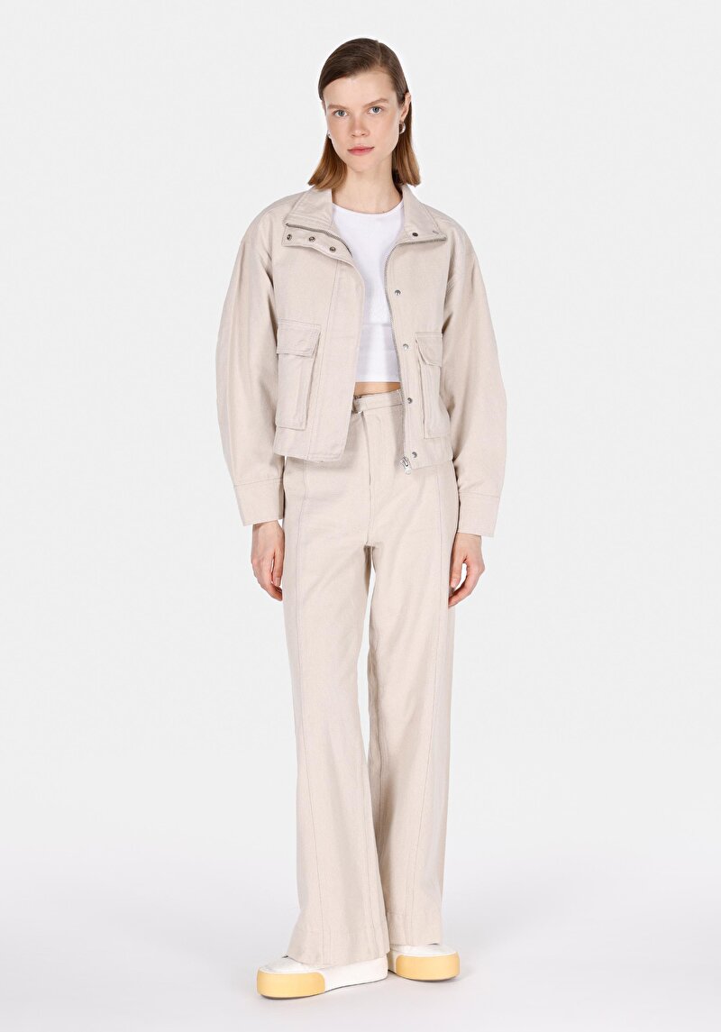 Regular Fit Orta Bel Geniş Paça Kadın Bej  Pantolon