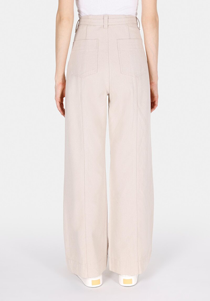 Regular Fit Orta Bel Geniş Paça Kadın Bej Pantolon