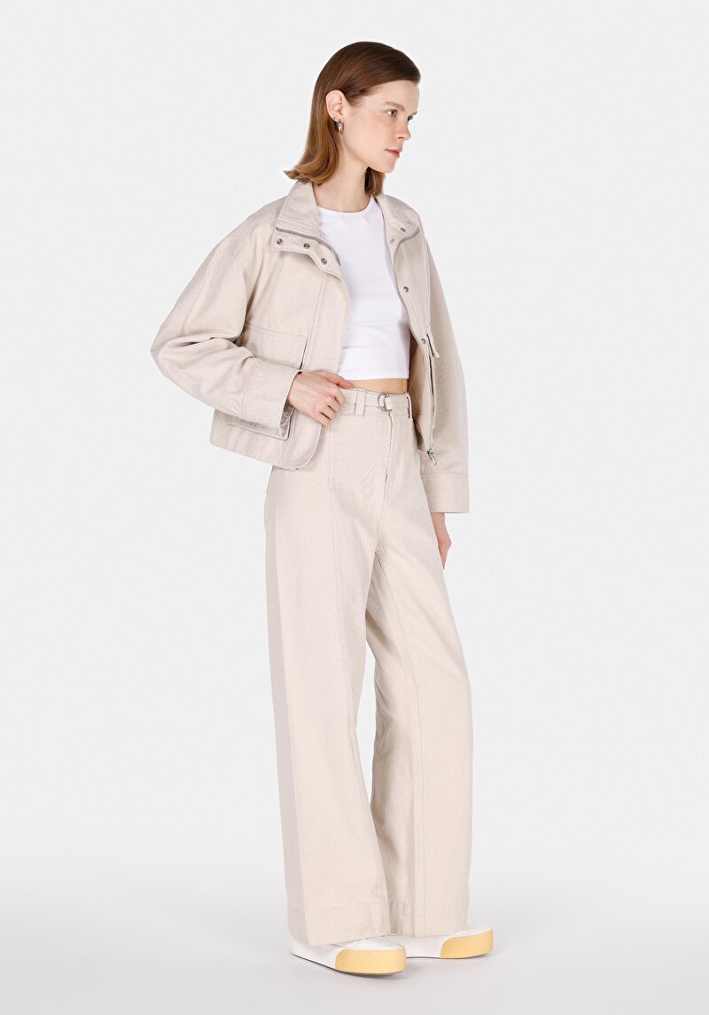 Regular Fit Orta Bel Geniş Paça Kadın Bej Pantolon