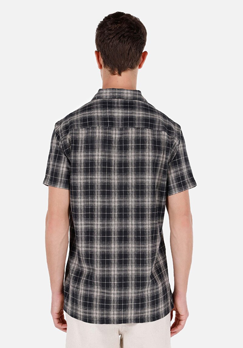 Regular Fit Shirt Neck Ekoseli Erkek Siyah Kısa Kol Gömlek