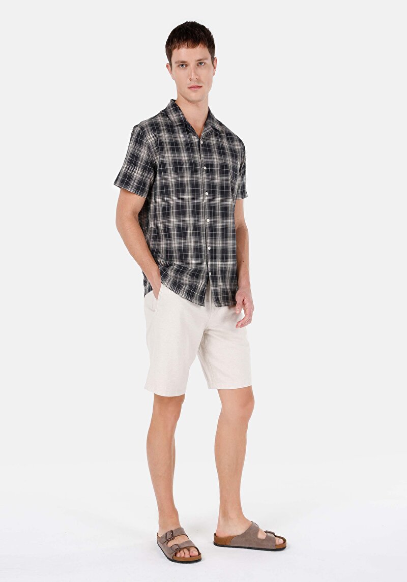 Regular Fit Shirt Neck Ekoseli Erkek Siyah Kısa Kol Gömlek