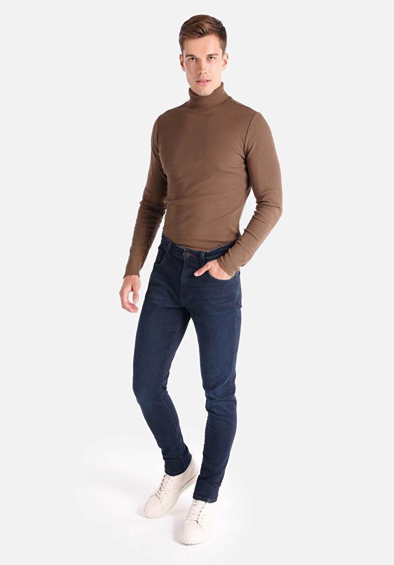 Slim Fit Düşük Bel Dar Paça Erkek Koyu İndigo Jean Pantolon