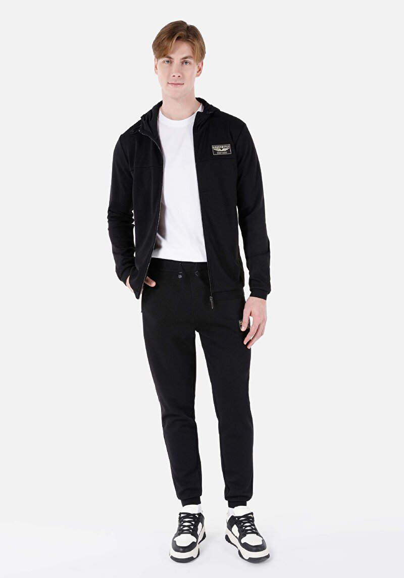 Slim Fit Orta Bel Düz Erkek Siyah Eşofman Altı