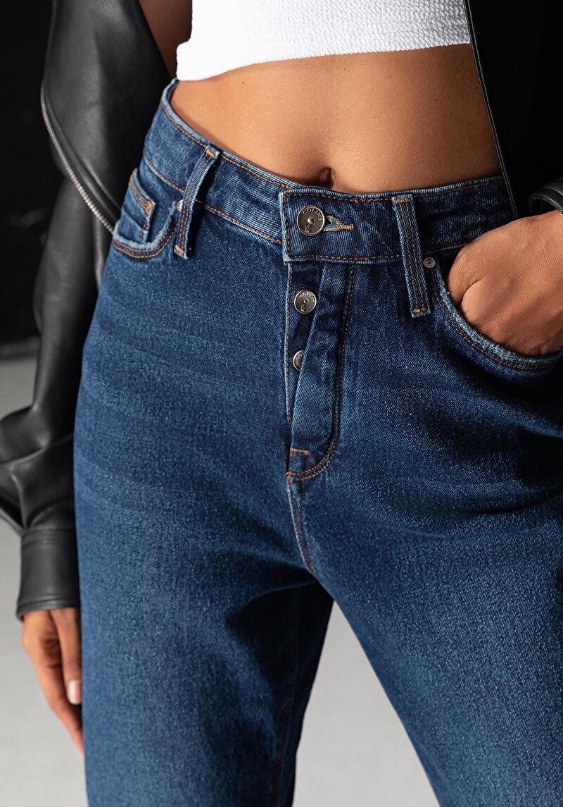 Mom Fit Yüksel Bel Daralan Paça Kadın İndigo Jean Pantolon