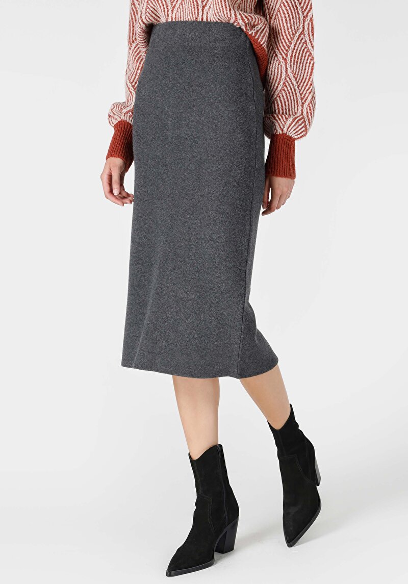 Slim Fit Düz Kadın Antrasit Etek