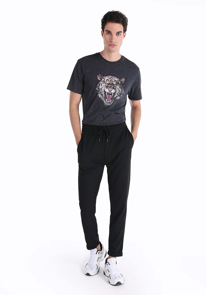 Slim Fit Orta Bel Düz Erkek Siyah Eşofman Altı