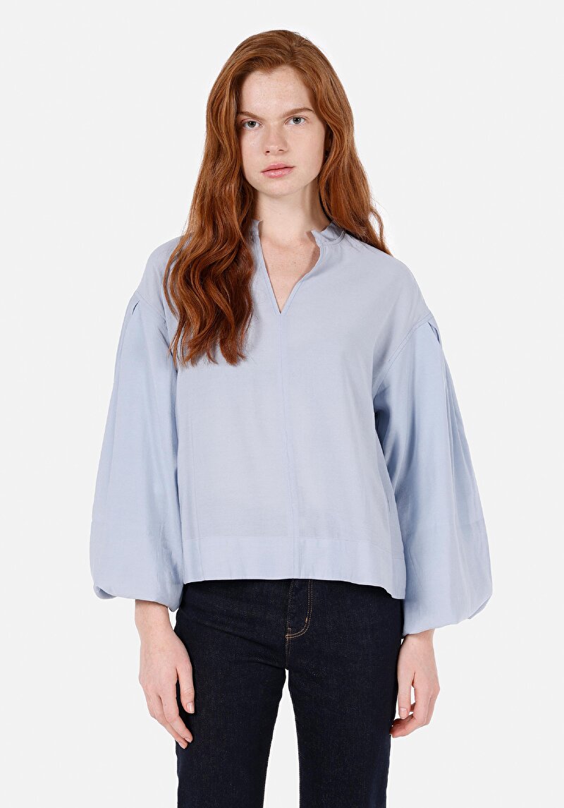 Regular Fit Yuvarlak Yaka Düz Kadın Mavi Uzun Kol Gömlek