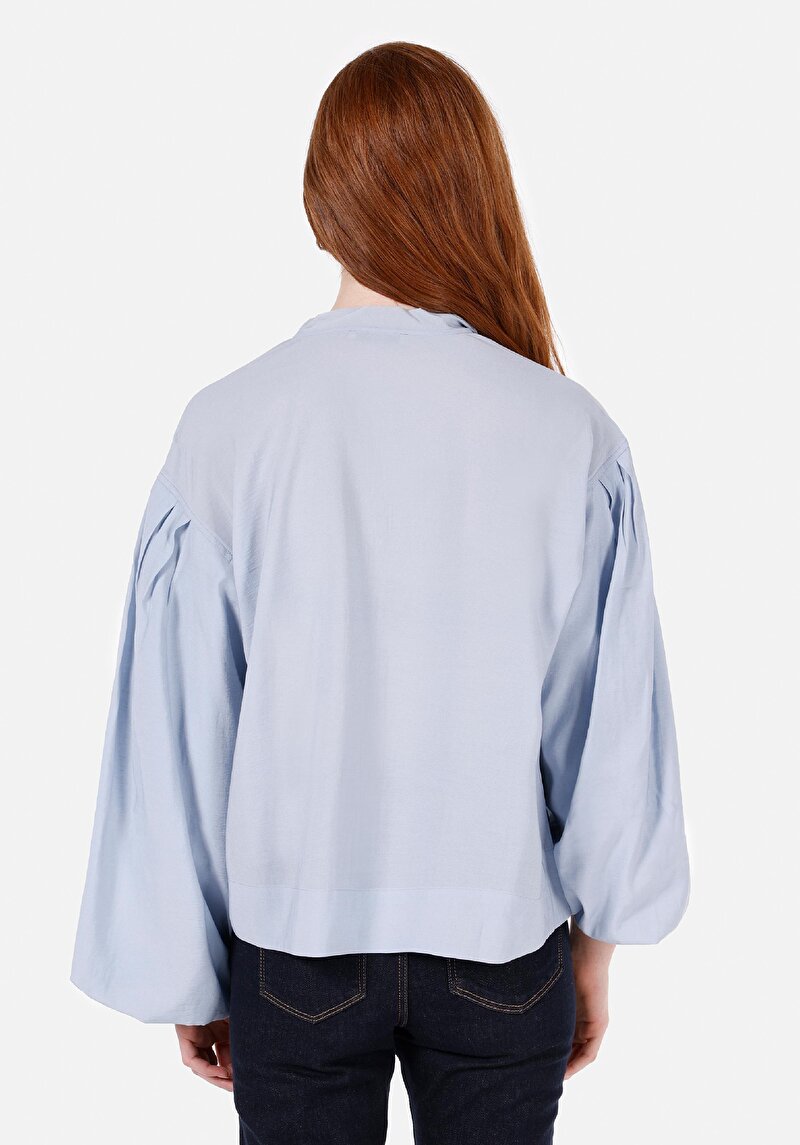 Regular Fit Yuvarlak Yaka Düz Kadın Mavi Uzun Kol Gömlek