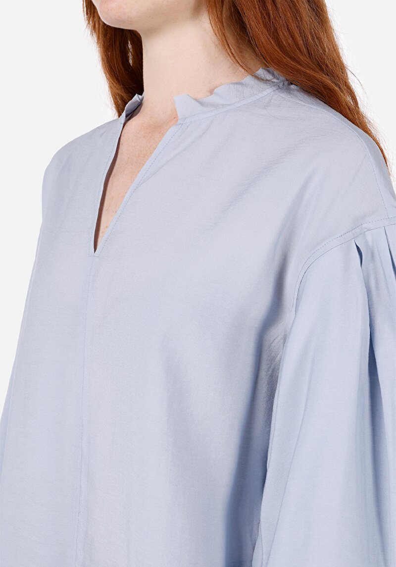 Regular Fit Yuvarlak Yaka Düz Kadın Mavi Uzun Kol Gömlek