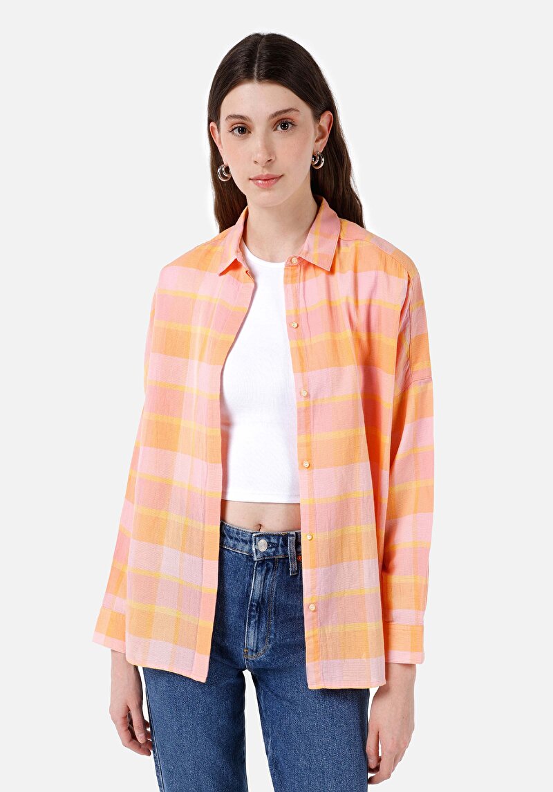 Relaxed Fit Shirt Neck Ekoseli Kadın Turuncu Uzun Kol Gömlek