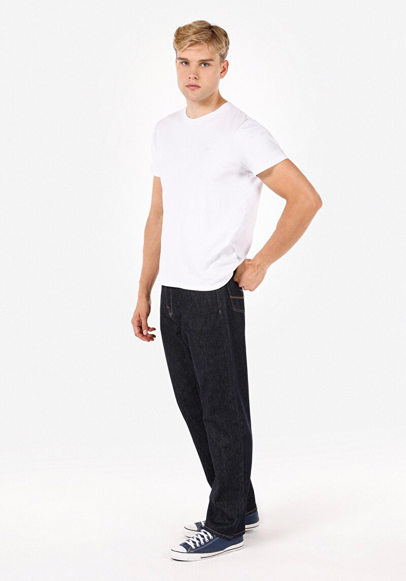 Straight Fit Yüksel Bel Düz Paça Erkek Lacivert Jean Pantolon