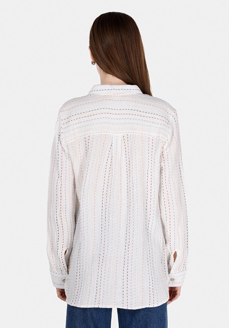 Regular Fit Shirt Neck Çizgili Kadın Beyaz Uzun Kol Gömlek