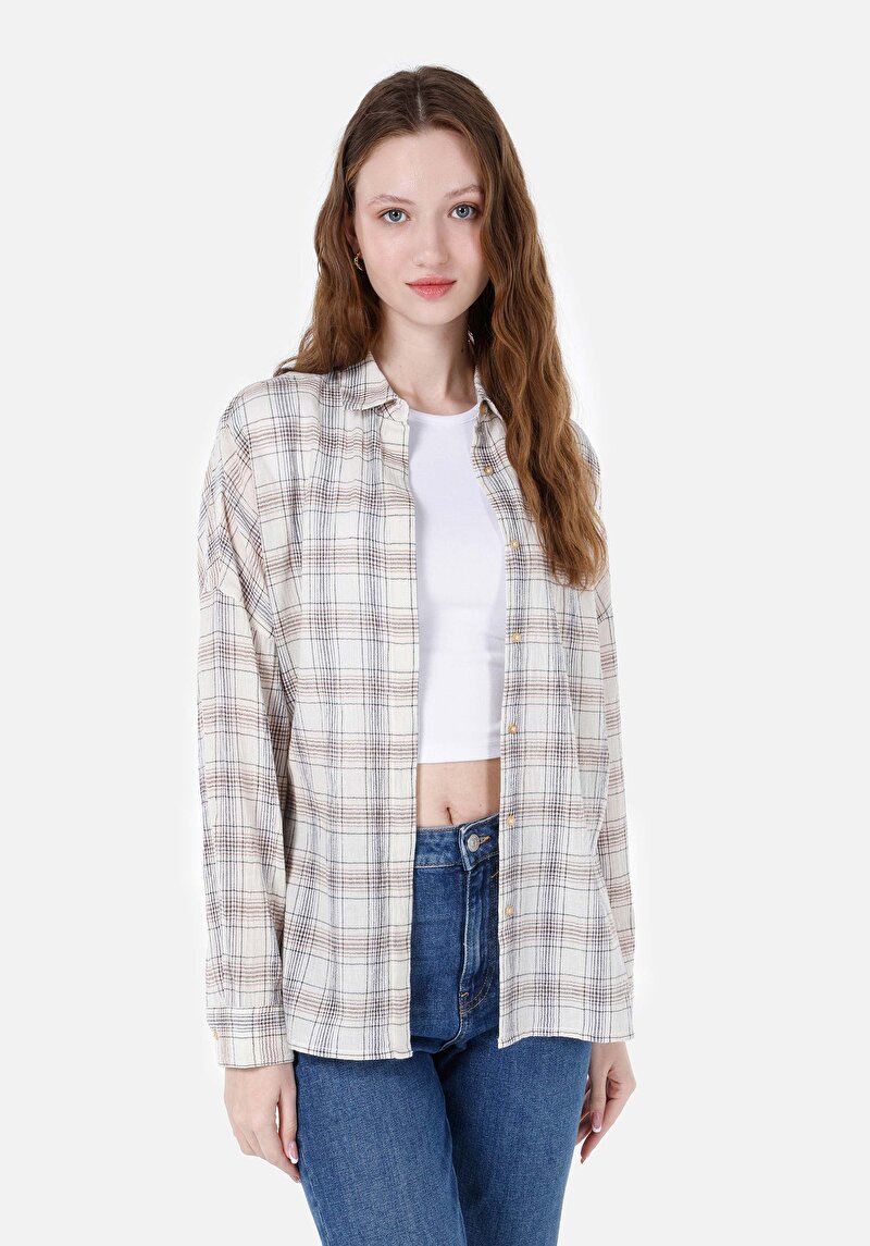 Relaxed Fit Shirt Neck Kadın Bej Uzun Kol Gömlek