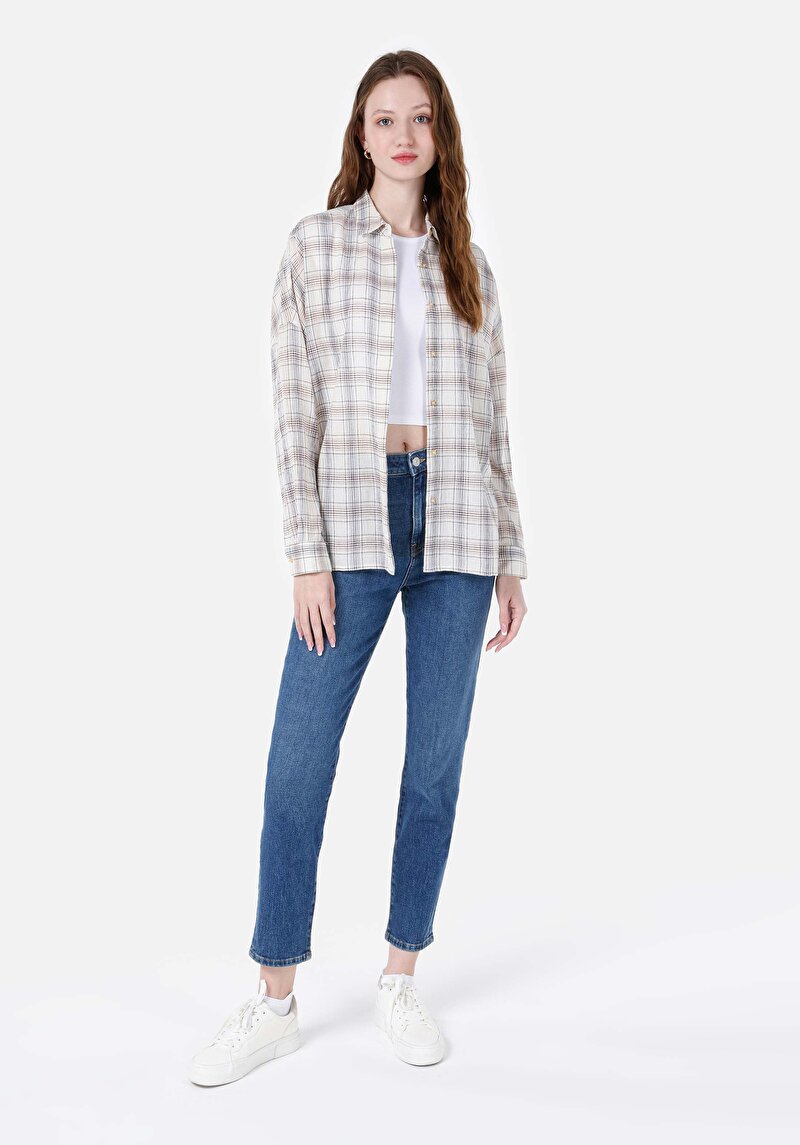 Relaxed Fit Shirt Neck Kadın Bej Uzun Kol Gömlek