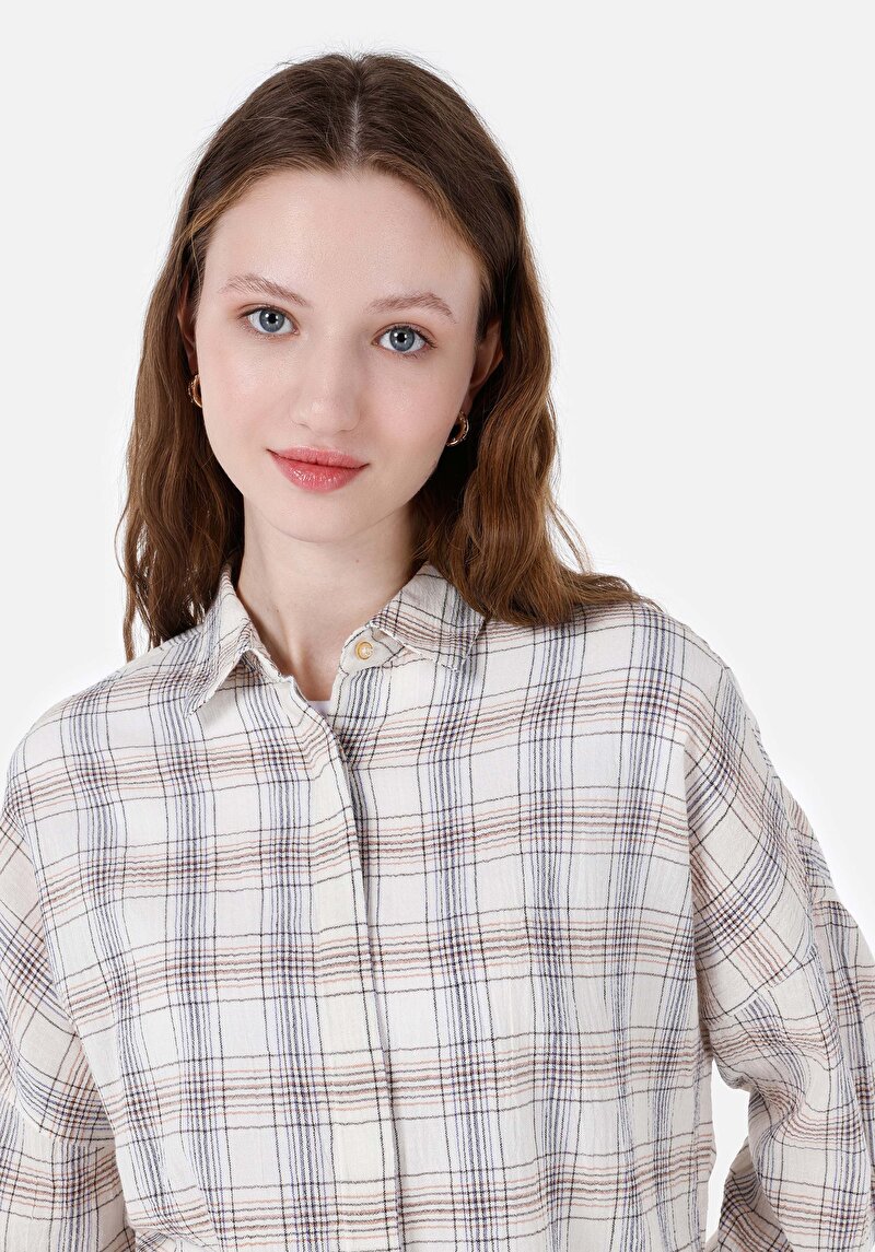 Relaxed Fit Shirt Neck Kadın Bej Uzun Kol Gömlek
