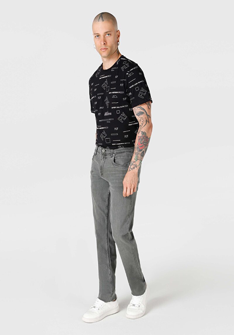 Straight Fit Düşük Bel Düz Paça Erkek Gri Jean Pantolon