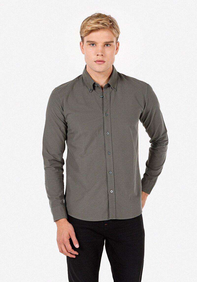 Slim Fit Shirt Neck Pamuklu Cepsiz Düz Erkek Yeşil Uzun Kol Gömlek
