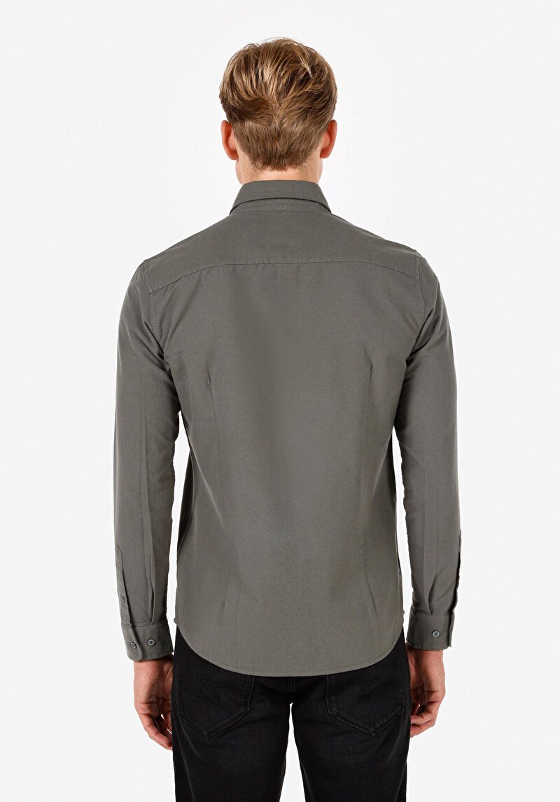 Slim Fit Shirt Neck Pamuklu Cepsiz Düz Erkek Yeşil Uzun Kol Gömlek