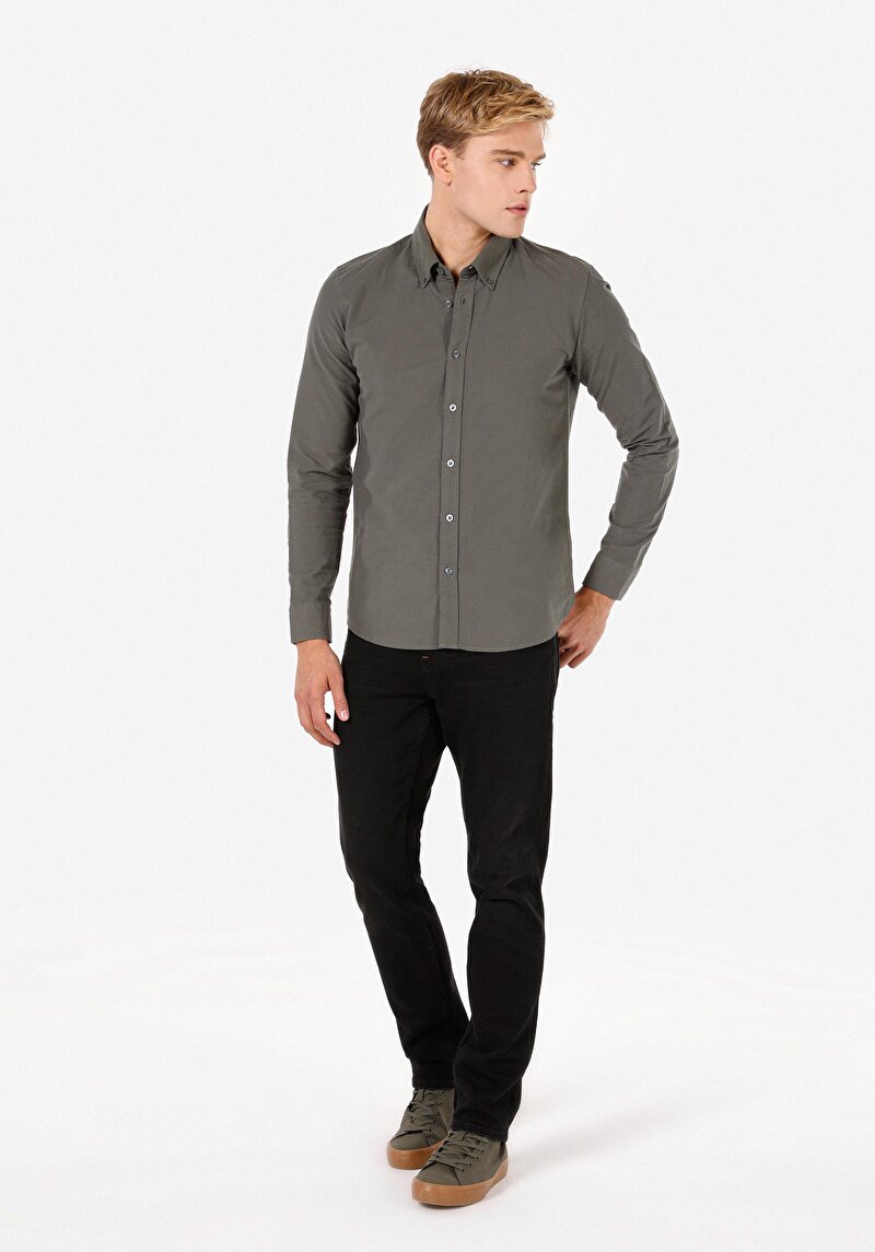 Slim Fit Shirt Neck Pamuklu Cepsiz Düz Erkek Yeşil Uzun Kol Gömlek
