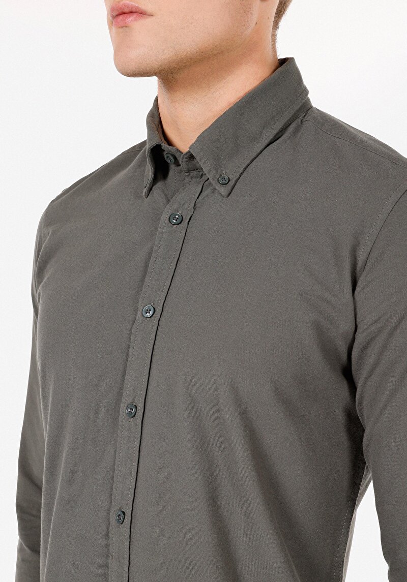 Slim Fit Shirt Neck Pamuklu Cepsiz Düz Erkek Yeşil Uzun Kol Gömlek